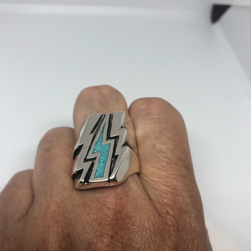 Vintage Real Turquoise Inlay Lightning Bolt Ring - Picture 4 of 4